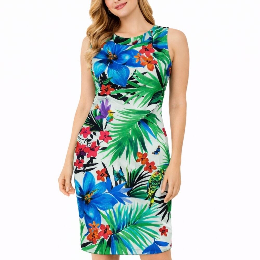 Etcetera Tropic Floral Printed Sheath Dress Sleeveless Multi Color Size 2